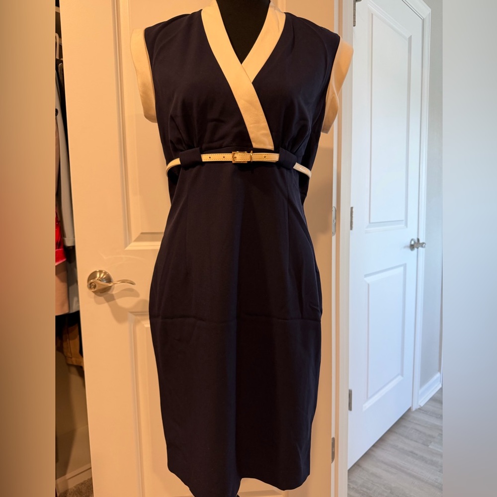 Calvin Klein Navy and Cream Belted Midi Dress
